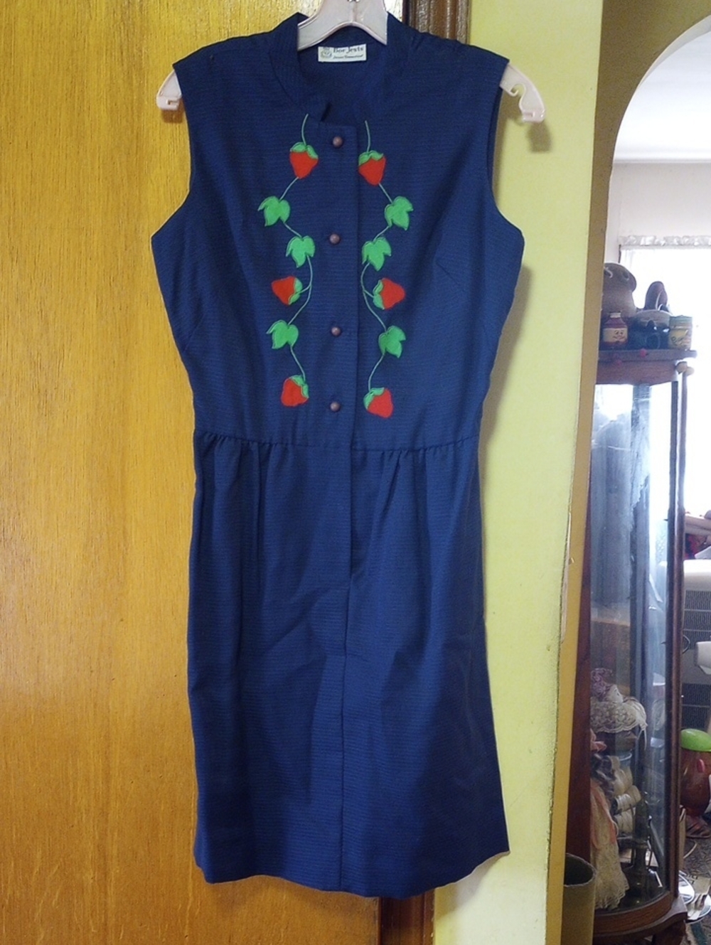 Boe Jests Vintage Navy Blue Sleeveless Summer Dress w/ Embroidered Strawberries